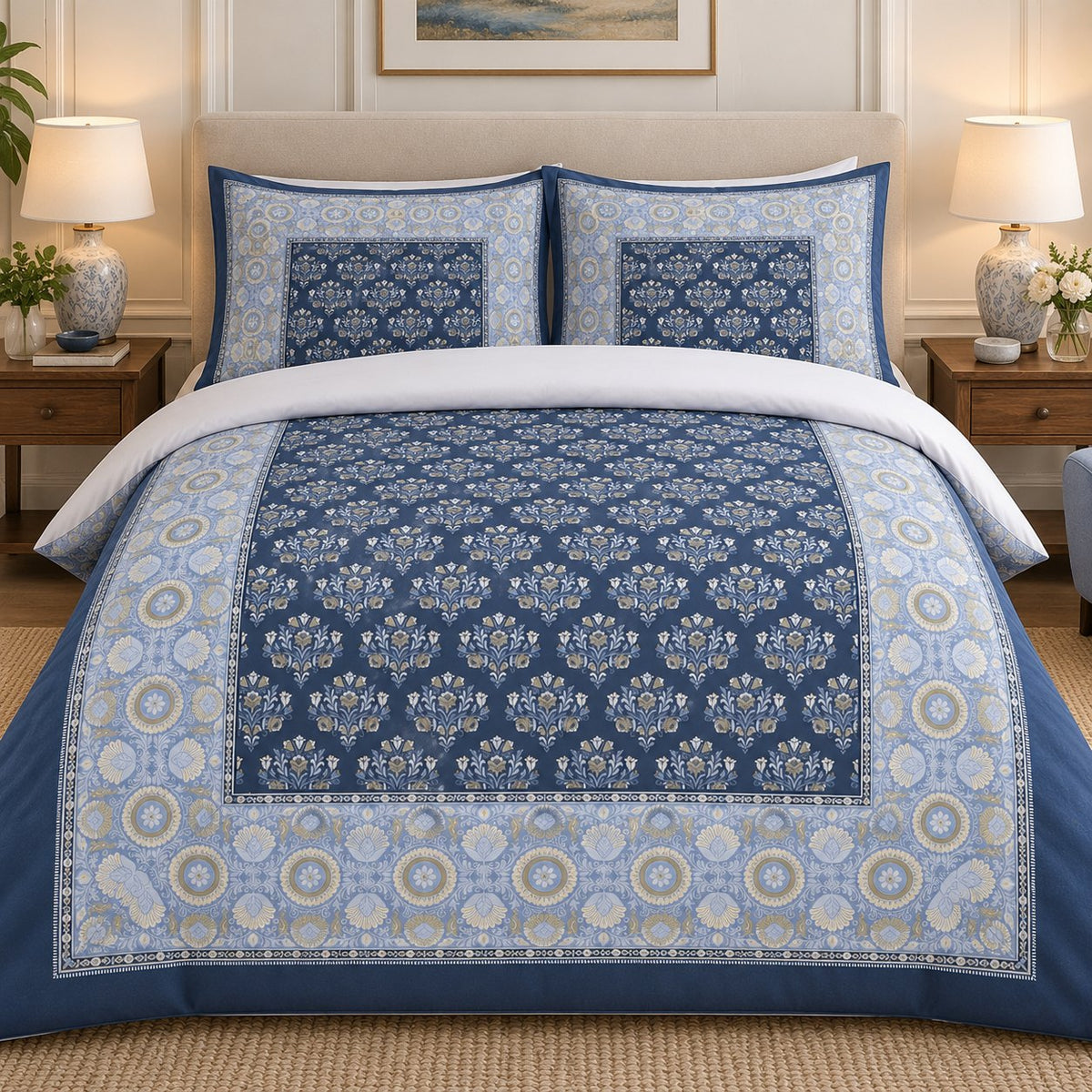 Navy Cornflower Framed Heritage duvet cover set, front view showing navy floral centre inside a cornflower rosette border