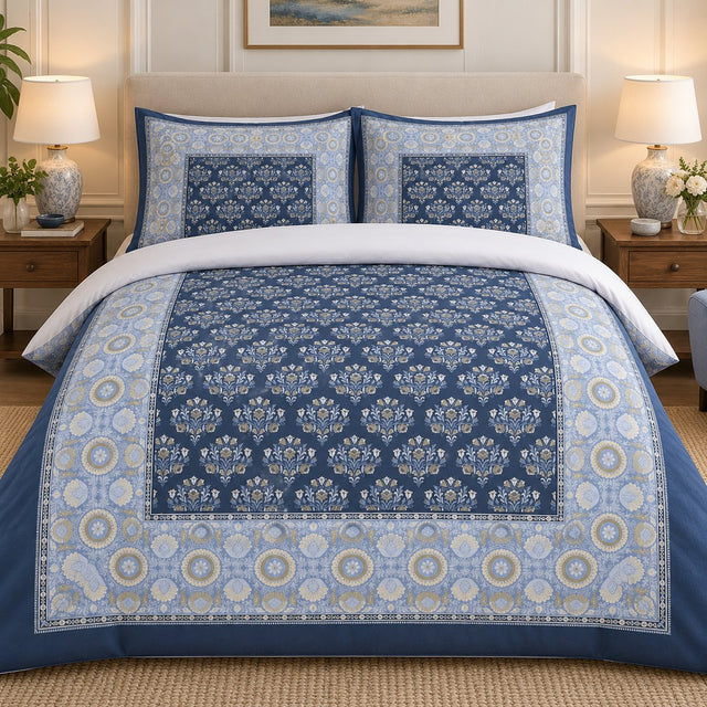 Navy Cornflower Framed Heritage duvet cover set, front view showing navy floral centre inside a cornflower rosette border