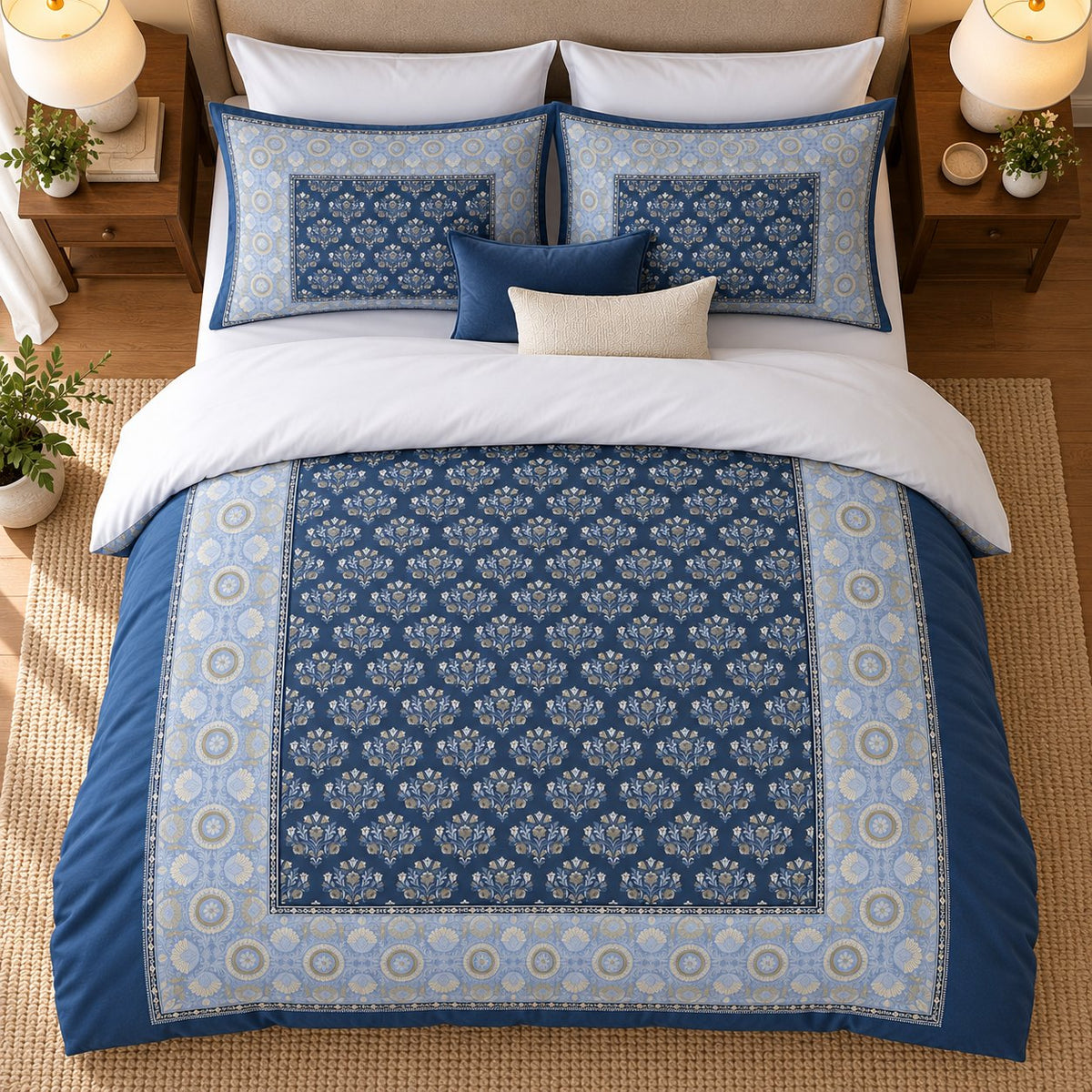 Navy Cornflower Framed Heritage duvet cover set, overhead view showing the navy floral panel and cornflower frame