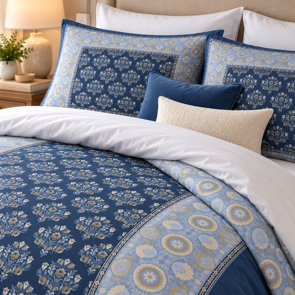 Navy Cornflower Framed Heritage duvet cover set, pillowcase detail showing framed navy florals with navy and cream cushions