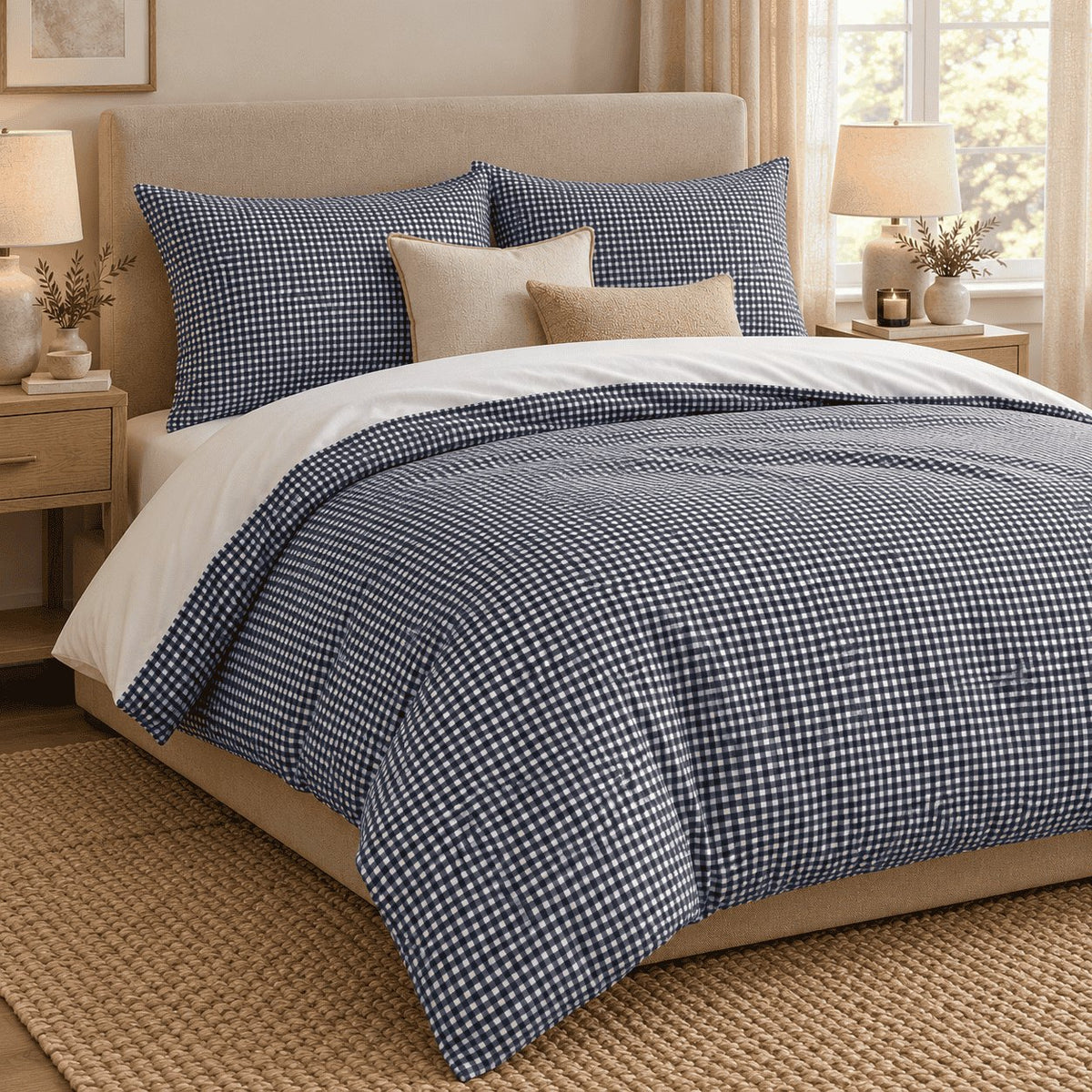 Navy Gingham duvet cover set, angled view showing the navy check falling over an upholstered bed base