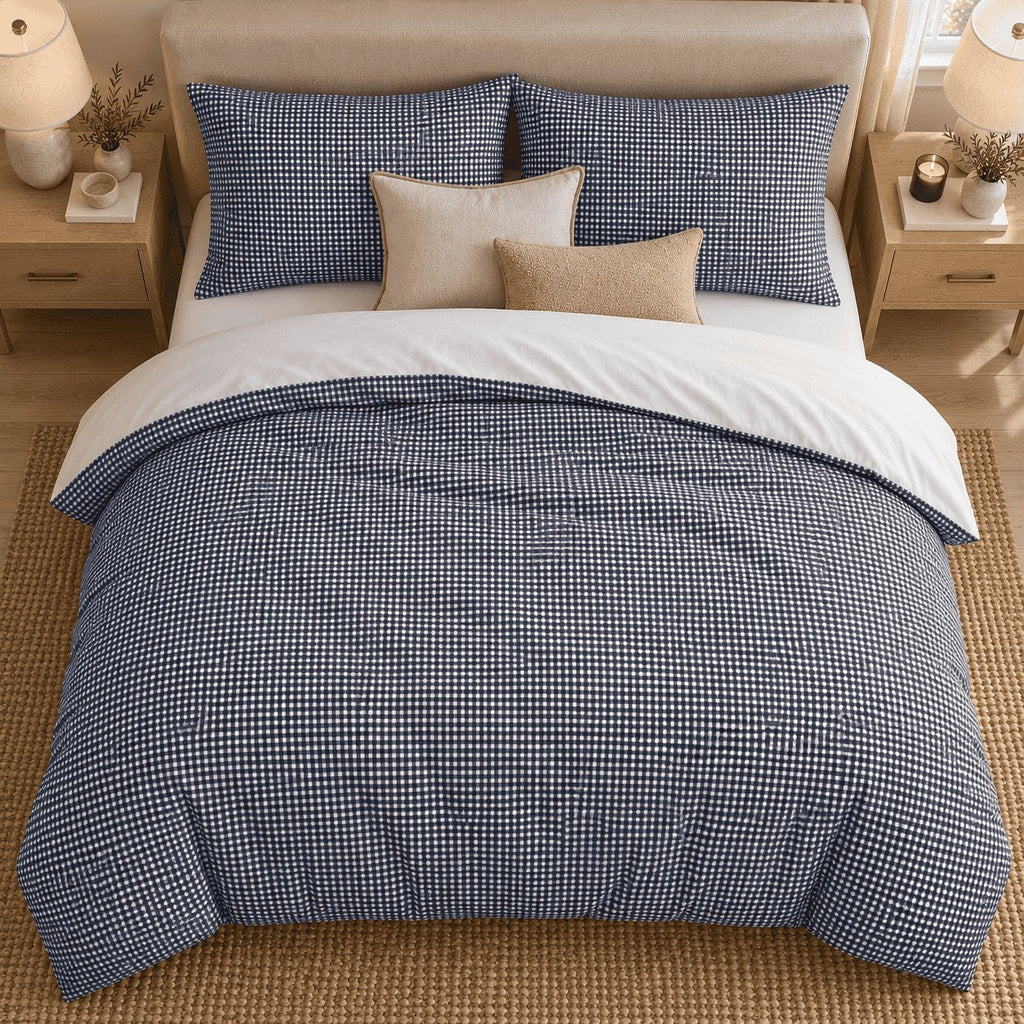 Navy Gingham duvet cover set, overhead view showing the full bed on a jute rug with oak bedside tables