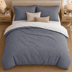 Navy Gingham duvet cover set, overhead view showing the full bed on a jute rug with oak bedside tables