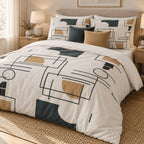 Navy Ochre Line Abstract duvet cover set, angled view showing the Bauhaus-style print beside a window