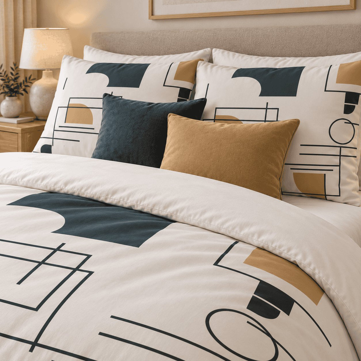 Navy Ochre Line Abstract duvet cover set, close-up of printed pillowcases with navy and ochre velvet cushions