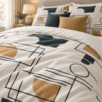 Navy Ochre Line Abstract duvet cover set, close-up showing fine navy lines, navy blocks and an ochre half-moon