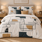 Navy Ochre Line Abstract duvet cover set, front view showing navy line art and ochre half-moons on ivory