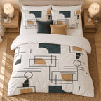 Navy Ochre Line Abstract duvet cover set, overhead view showing the full line print with navy and ochre cushions
