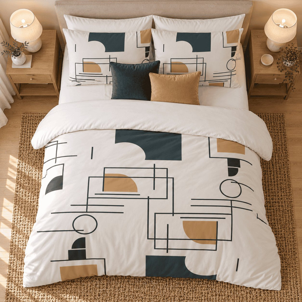 Navy Ochre Line Abstract duvet cover set, overhead view showing the full line print with navy and ochre cushions
