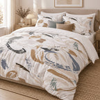 Neutral Brushmark Abstract duvet cover set, angled view showing caramel and slate brushmarks beside a window