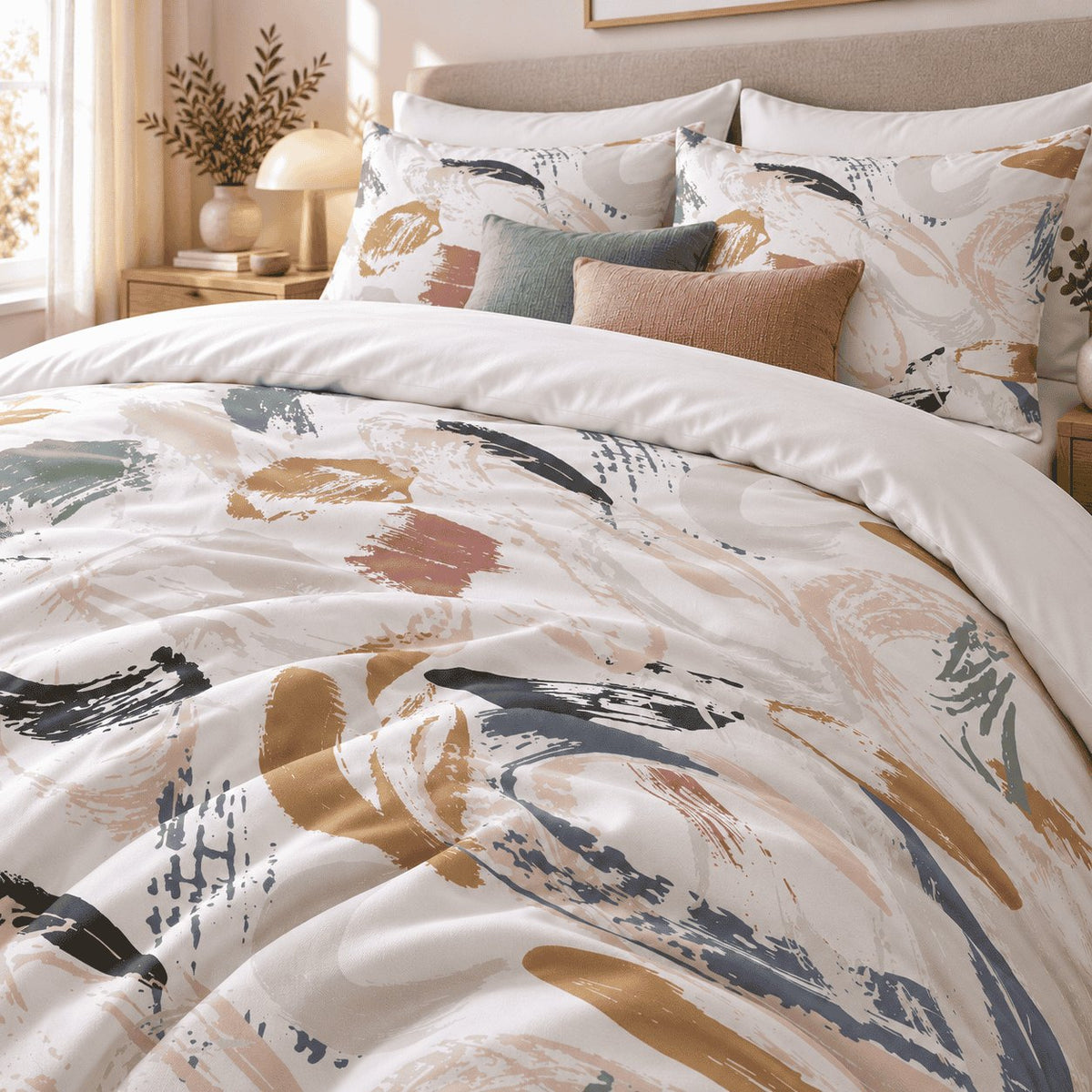 Neutral Brushmark Abstract duvet cover set, close-up showing loose ochre, slate blue and rose brushmarks