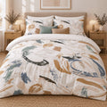 Neutral Brushmark Abstract duvet cover set, front view showing painterly brushmarks on a bed with mushroom lamps