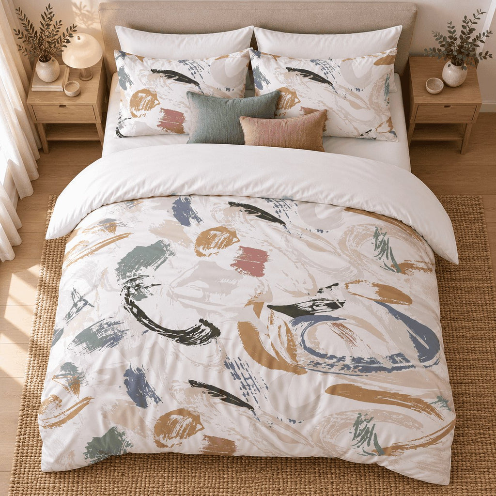 Neutral Brushmark Abstract duvet cover set, overhead view showing the full brushmark print with sage and pink cushions