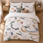 Neutral Brushmark Abstract duvet cover set, overhead view showing the full brushmark print with sage and pink cushions