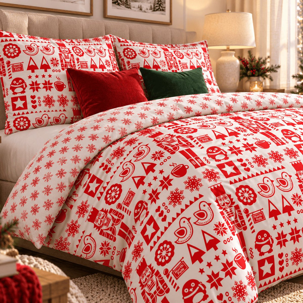 Nordic Christmas Reversible duvet cover set, angled view showing folk-art side with snowflake reverse folded back
