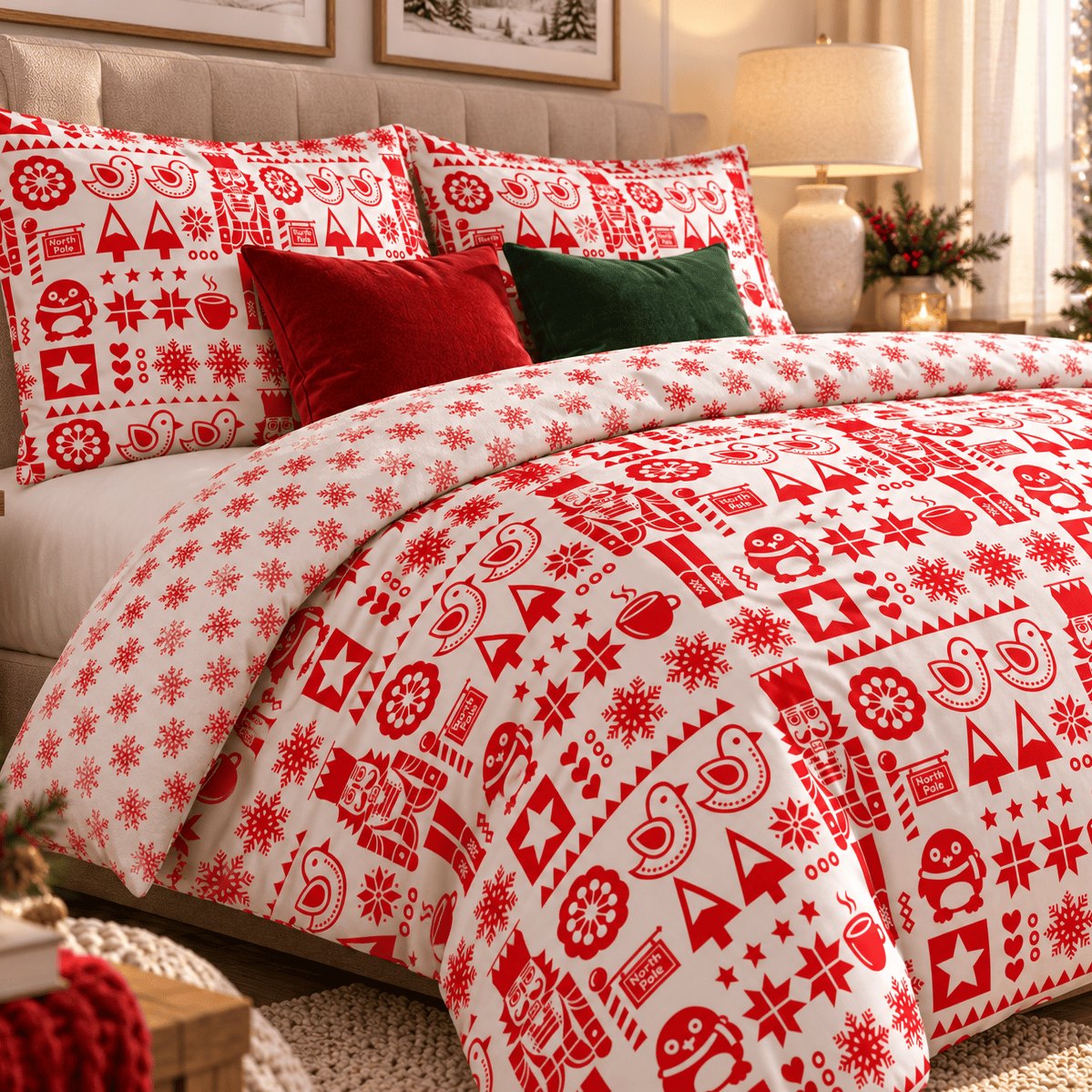 Nordic Christmas Reversible duvet cover set, angled view showing folk-art side with snowflake reverse folded back