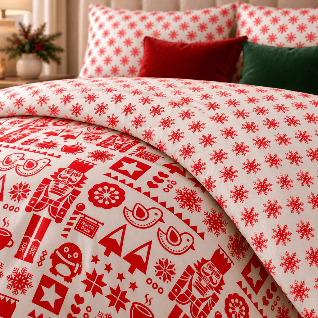 Nordic Christmas Reversible duvet cover set, corner close-up showing turned corner showing both printed sides