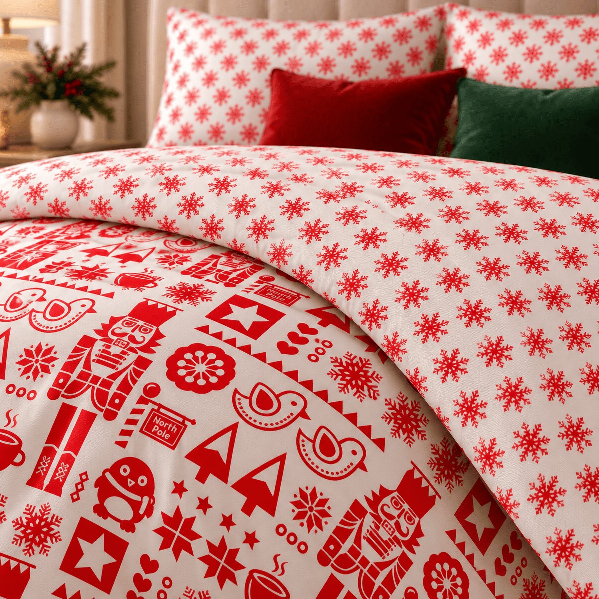 Nordic Christmas Reversible duvet cover set, corner close-up showing turned corner showing both printed sides
