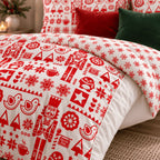 Nordic Christmas Reversible duvet cover set, print close-up showing nutcrackers, birds and North Pole signs by the reverse