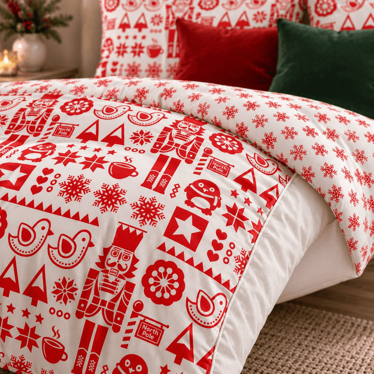 Nordic Christmas Reversible duvet cover set, print close-up showing nutcrackers, birds and North Pole signs by the reverse