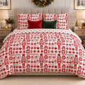 Nordic Christmas Reversible duvet cover set, front view showing red folk-art nutcrackers, birds and North Pole signs on white