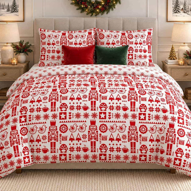 Nordic Christmas Reversible duvet cover set, front view showing red folk-art nutcrackers, birds and North Pole signs on white