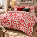 Nordic Christmas Reversible duvet cover set, mixed angled view showing folk-art duvet with snowflake turn-down