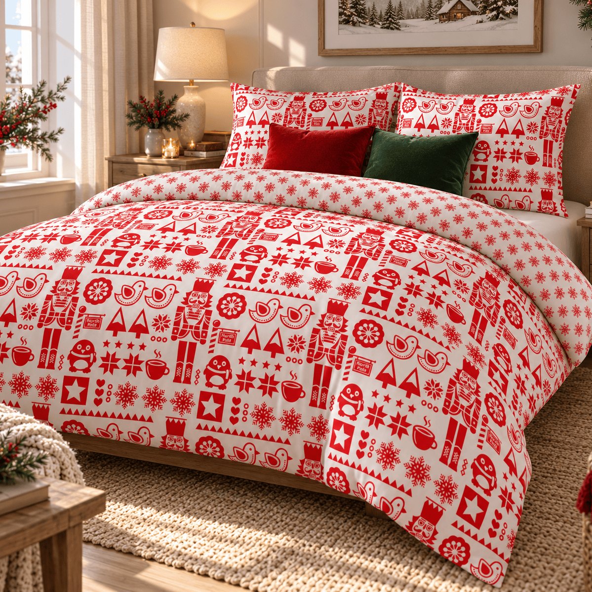 Nordic Christmas Reversible duvet cover set, mixed angled view showing folk-art duvet with snowflake turn-down