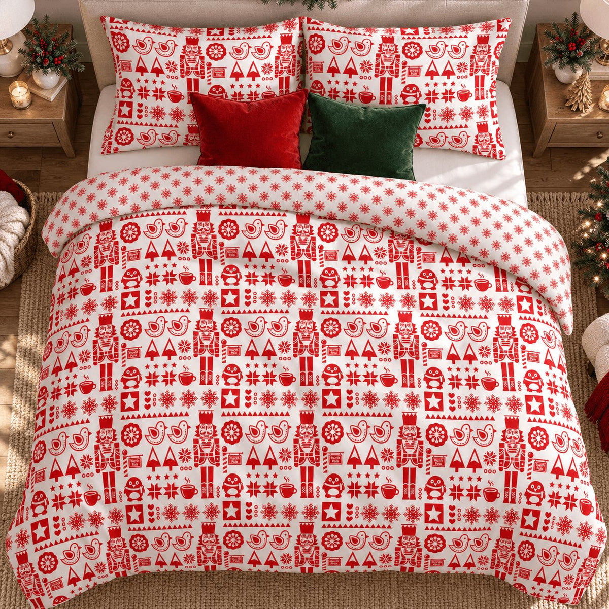 Nordic Christmas Reversible duvet cover set, overhead view showing nutcracker side and matching pillowcases