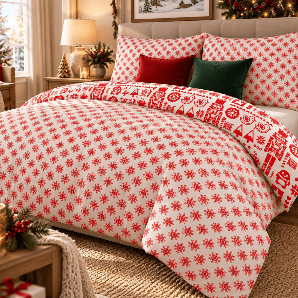 Nordic Christmas Reversible duvet cover set, reverse angled view showing snowflake side with folk-art band at the top