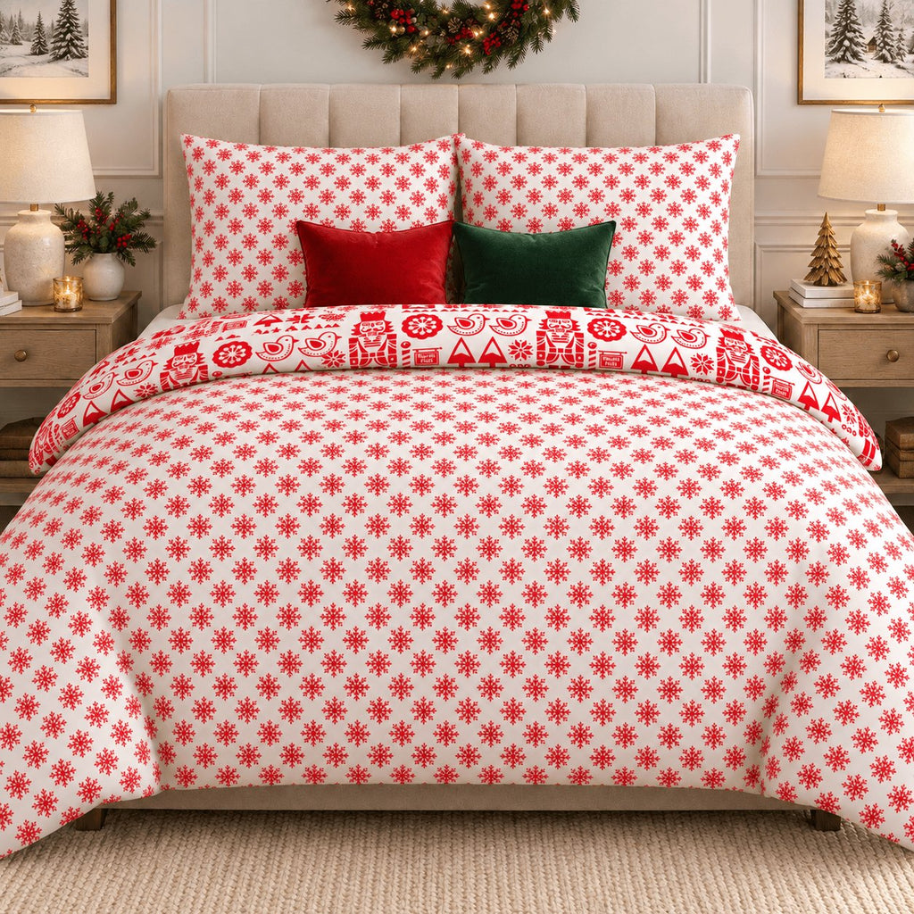 Nordic Christmas Reversible duvet cover set, reverse front view showing the red snowflake reverse with folk-art turn-down