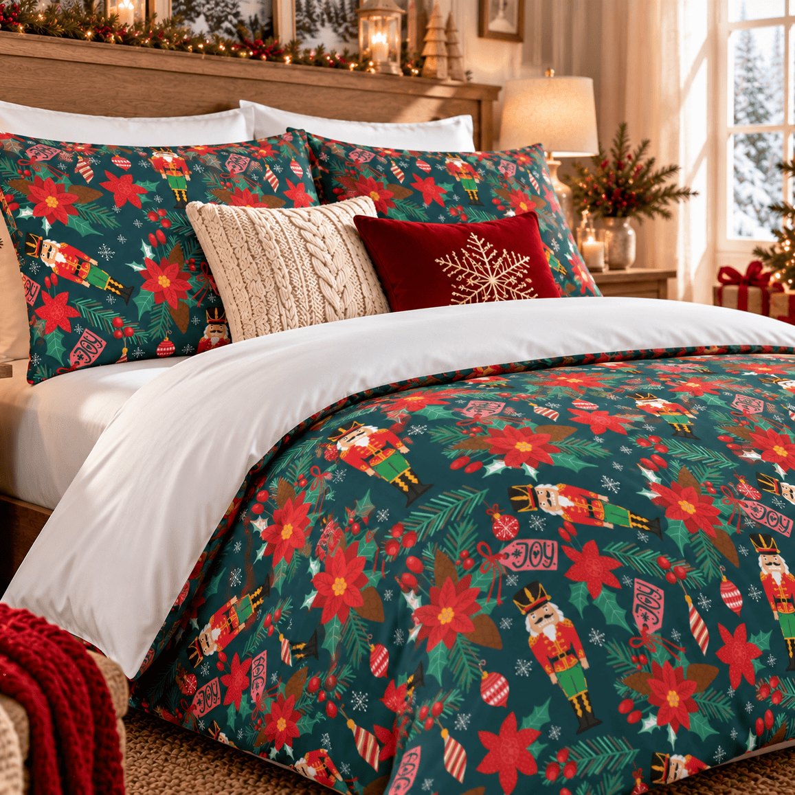 Nutcracker Poinsettia Christmas duvet cover set, angled pillowcase view showing printed pillowcases and cushions