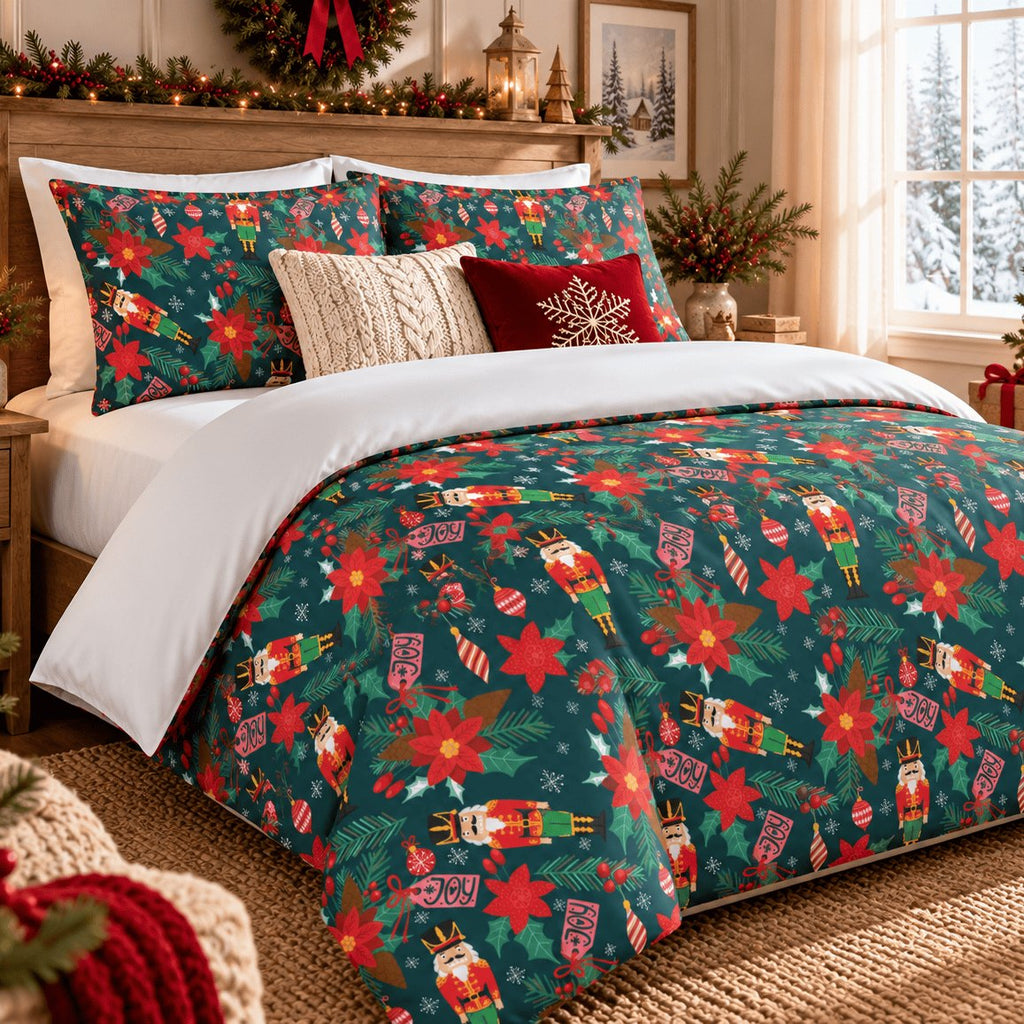 Nutcracker Poinsettia Christmas duvet cover set, angled view showing nutcracker print with red knit throw