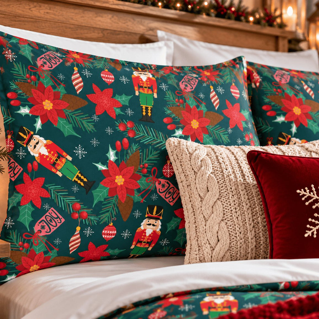 Nutcracker Poinsettia Christmas duvet cover set, pillowcase close-up showing nutcrackers and poinsettias on pillowcases