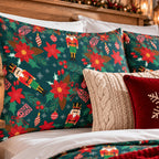 Nutcracker Poinsettia Christmas duvet cover set, pillowcase close-up showing nutcrackers and poinsettias on pillowcases