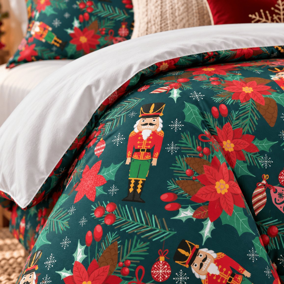 Nutcracker Poinsettia Christmas duvet cover set, print close-up showing a nutcracker soldier, poinsettias and holly