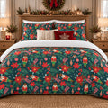 Nutcracker Poinsettia Christmas duvet cover set, front view showing nutcrackers and poinsettias on deep green