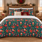 Nutcracker Poinsettia Christmas duvet cover set, front view showing nutcrackers and poinsettias on deep green