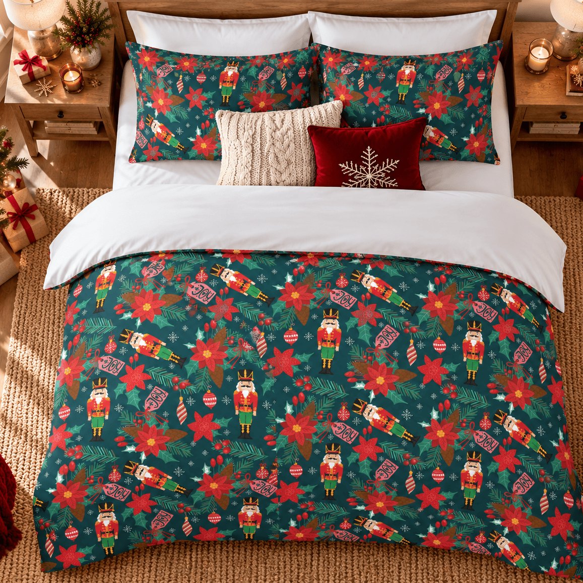 Nutcracker Poinsettia Christmas duvet cover set, overhead view showing full nutcracker and poinsettia duvet from above