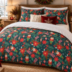 Nutcracker Poinsettia Christmas duvet cover set, room view showing the green nutcracker duvet beside a lit Christmas tree