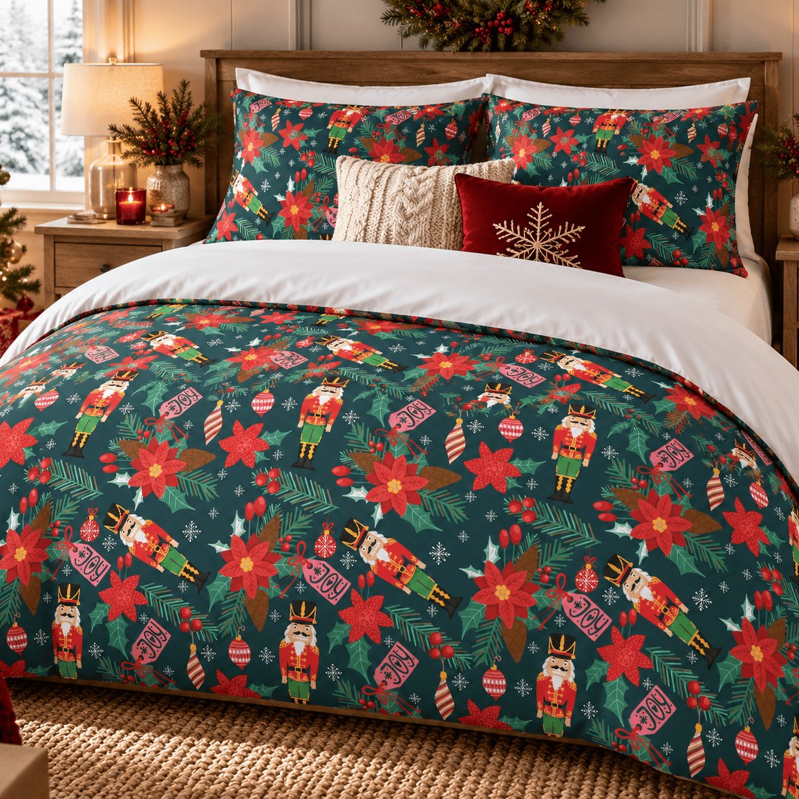 Nutcracker Poinsettia Christmas duvet cover set, room view showing the green nutcracker duvet beside a lit Christmas tree