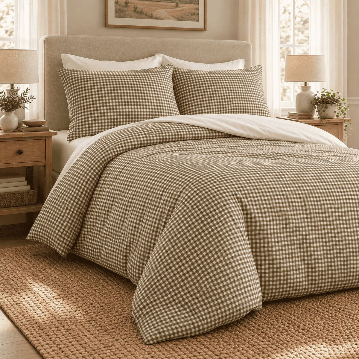 Olive Gingham duvet cover set, angled view showing the olive check draped onto a jute rug in sunlight