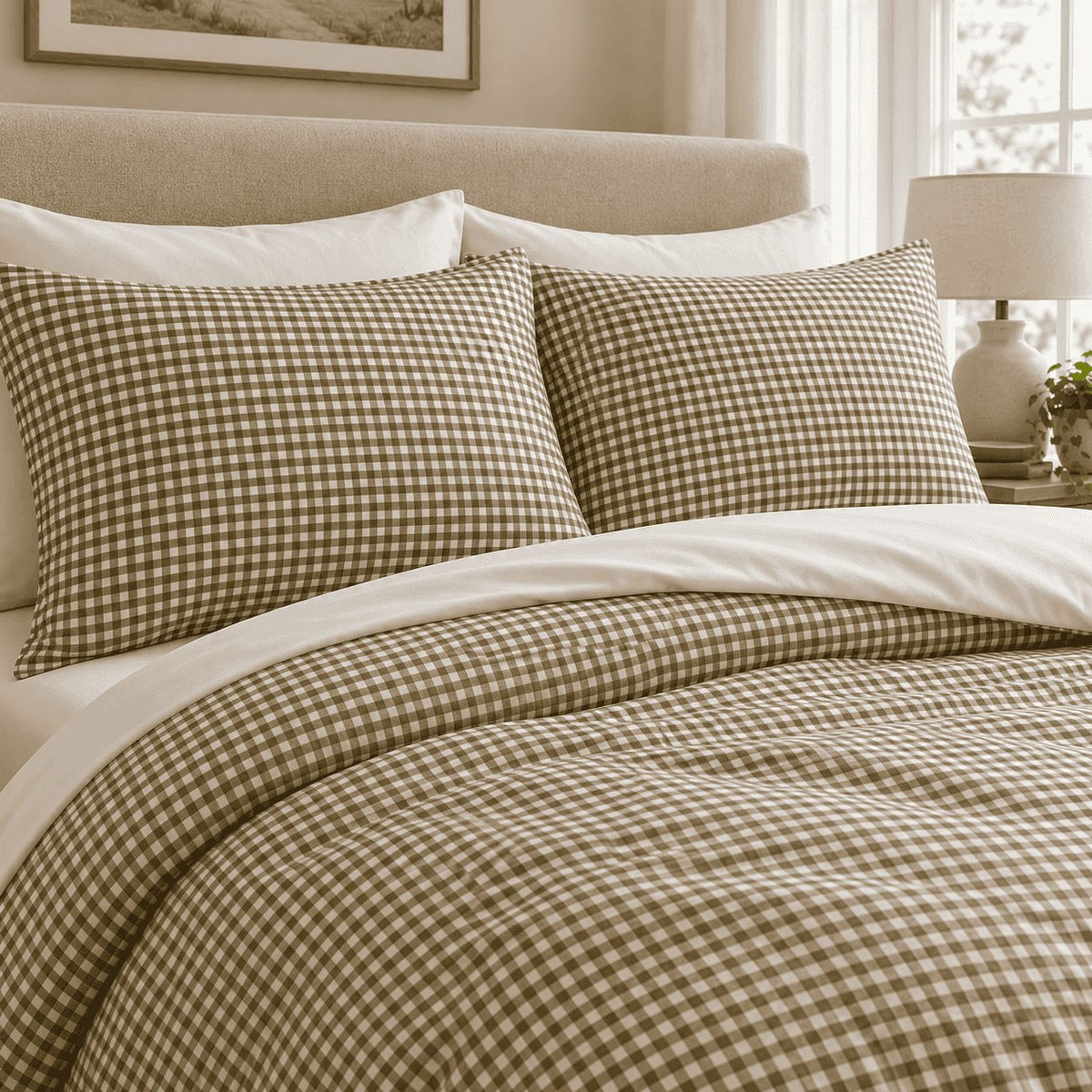 Olive Gingham duvet cover set, close-up of pillowcases showing olive gingham pillowcases above the turned-down duvet