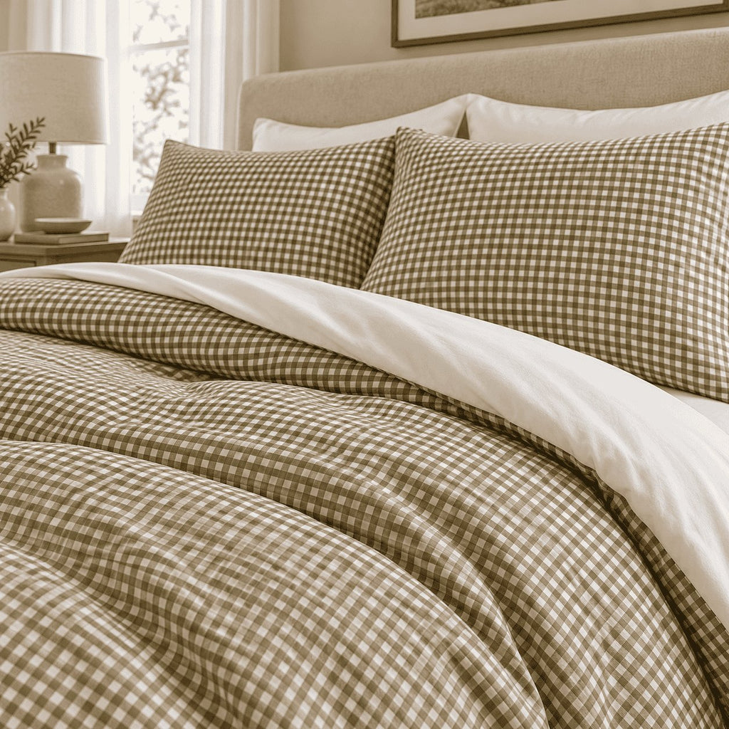 Olive Gingham duvet cover set, close-up of print showing the olive and cream check across the duvet folds