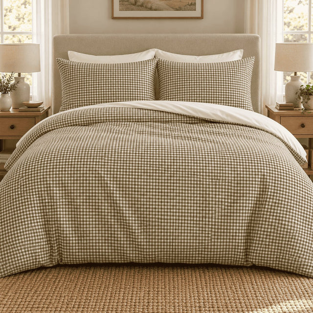 Olive Gingham duvet cover set, front view showing the olive check with two pillowcases over white pillows