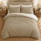 Olive Gingham duvet cover set, overhead view showing the full bed on a jute rug between oak bedside tables