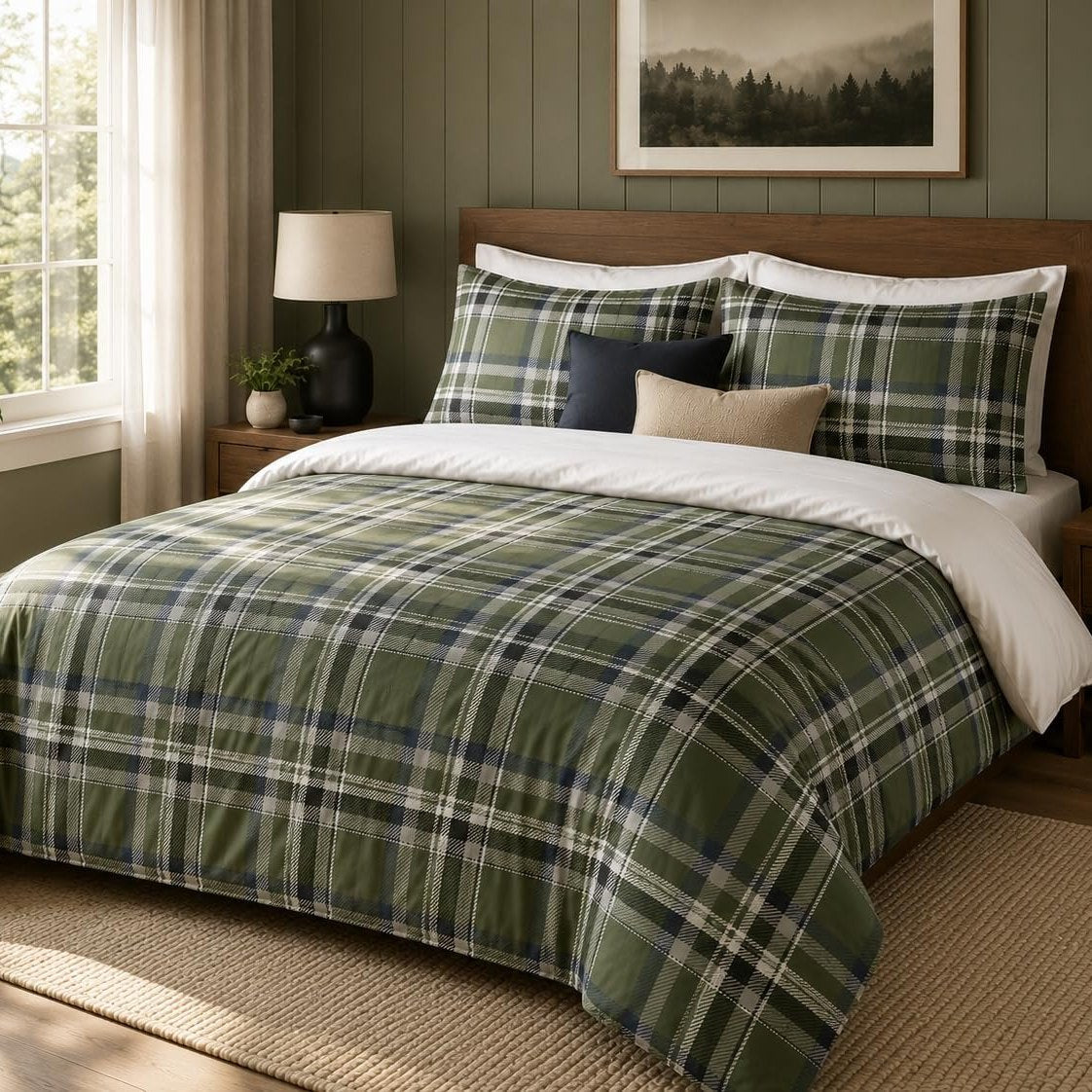 Olive Plaid duvet cover set, angled view showing the plaid duvet and two pillowcases beside a sunlit window