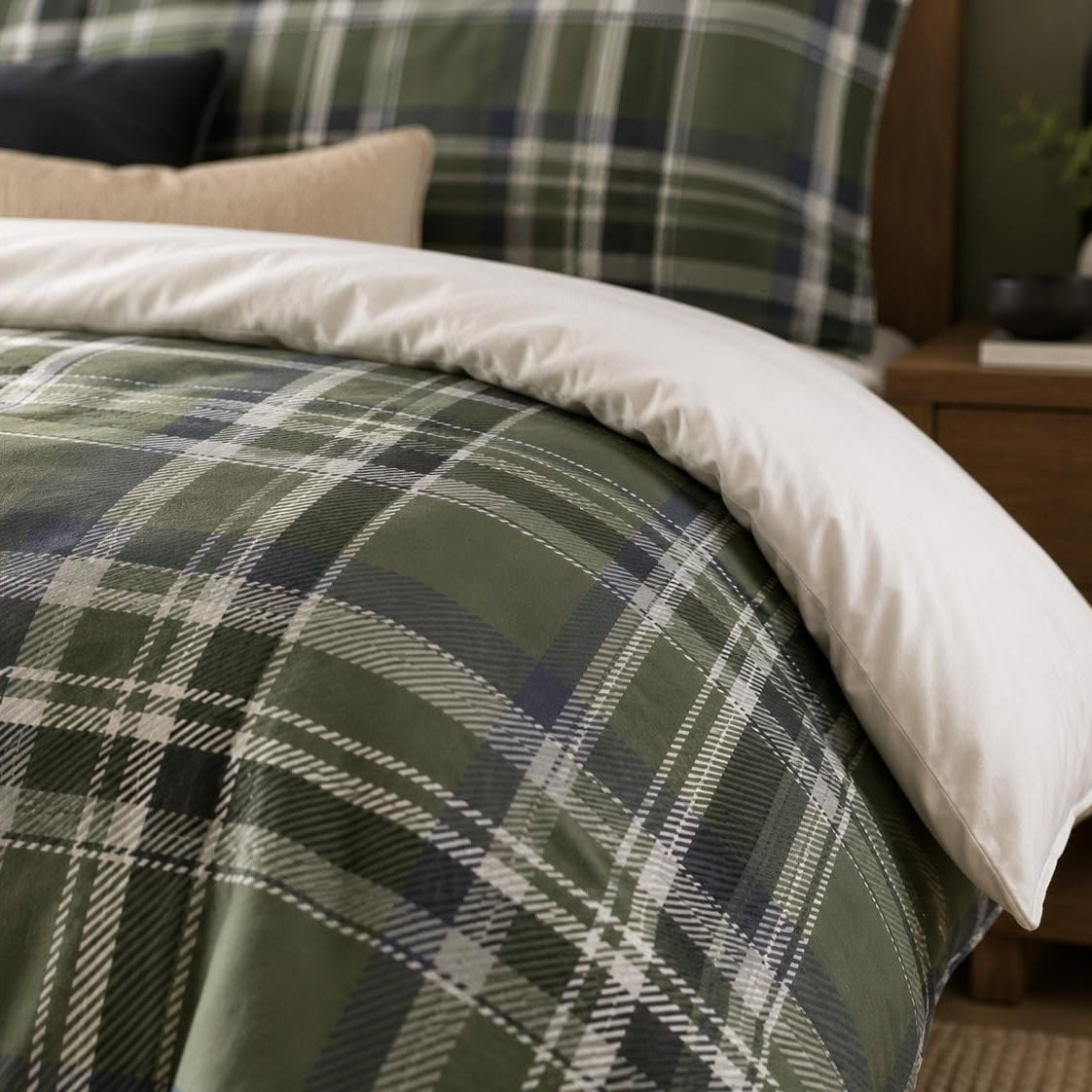 Olive Plaid duvet cover set, close-up print showing navy and cream lines on olive and the plain white reverse