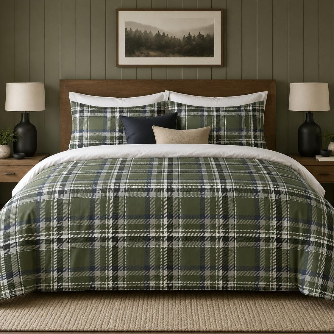 Olive Plaid duvet cover set, front view showing olive, navy and cream check on a walnut bed against sage panelling