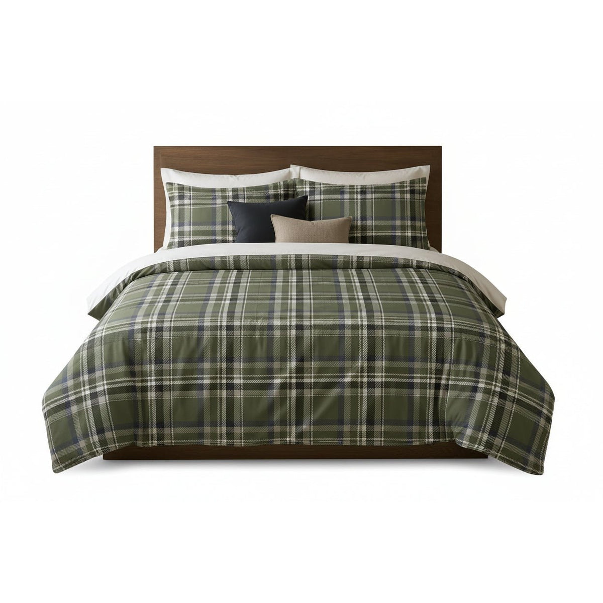 Olive Plaid duvet cover set, studio view showing the olive and cream plaid bed on a plain white background